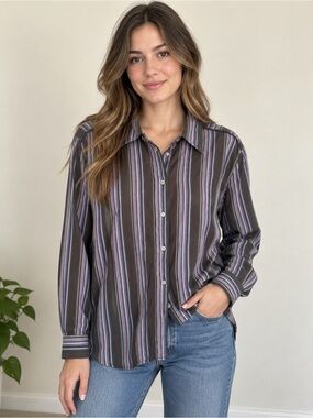 Cato Brown Button-Down Shirt with Purple & White Stripes